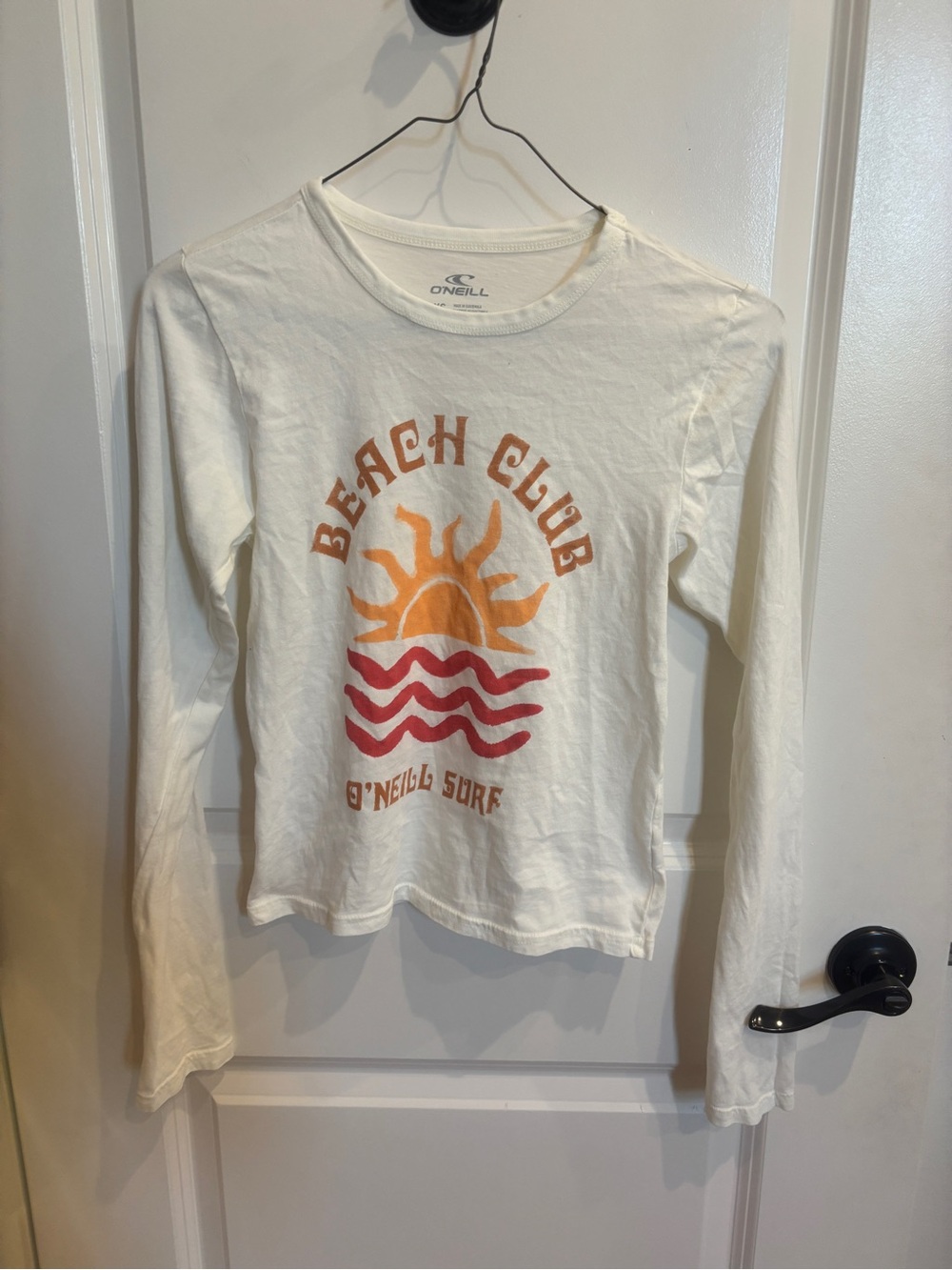 O'Neill White Long Sleeve Tee with Orange Sun & Red Wave Graphic